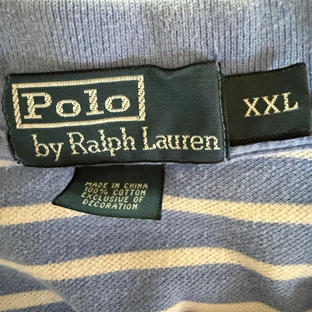 Ralph Lauren Blue and White Striped Polo Shirt with Red horse Logo
